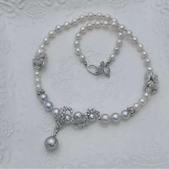 X483 Handmade Akoya Sea Pearl Freshwater Baroque Pearl Necklace